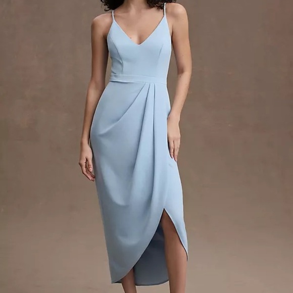 BHLDN Dresses & Skirts - BHLDN Lyra V-Neck Faux-Wrap Crepe Midi Dress Blue Size 16 Anthropologie NWT